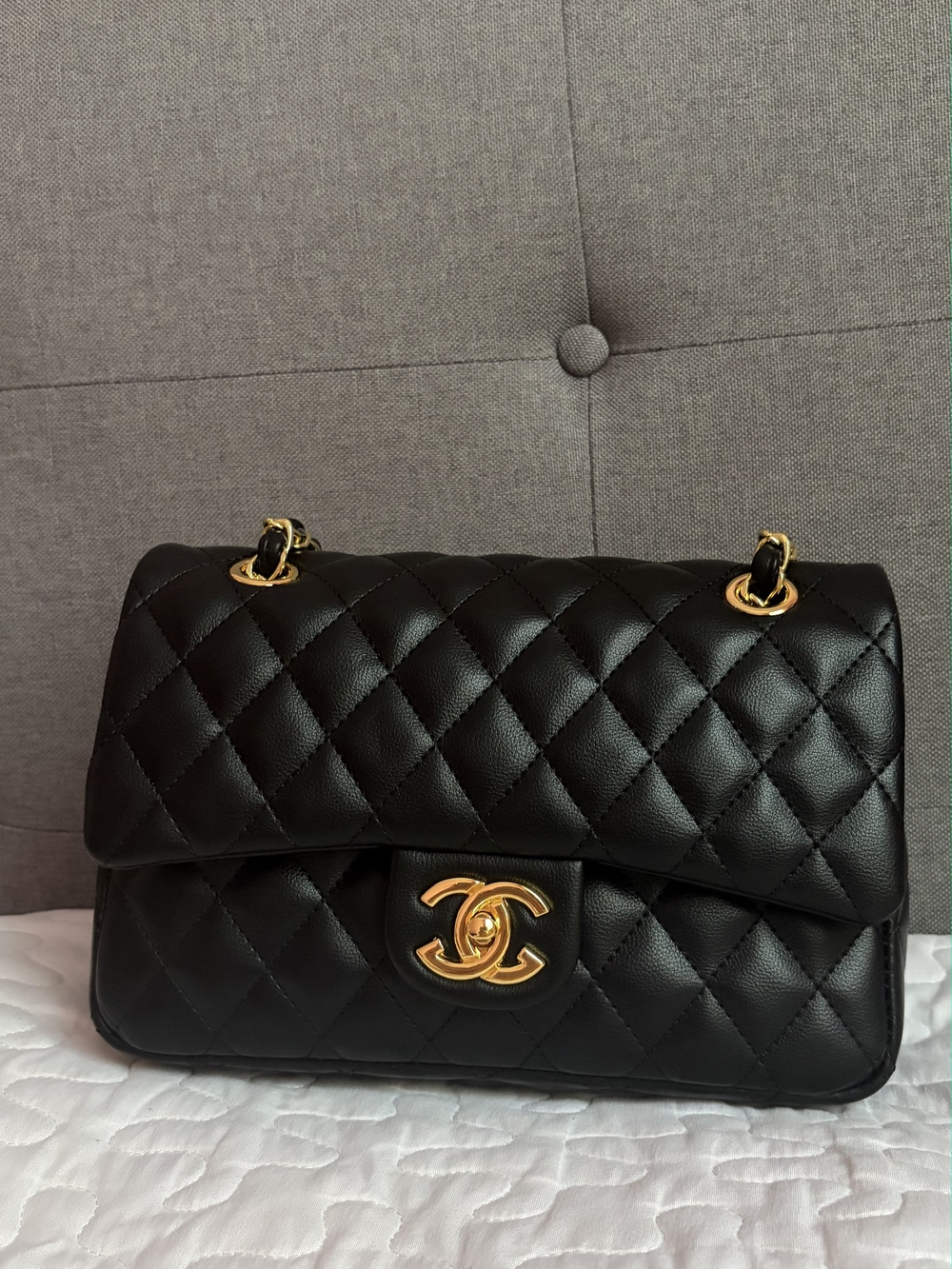 CHANEL Black Quilted Lambskin Shoulder Bag with Gold CC Lock